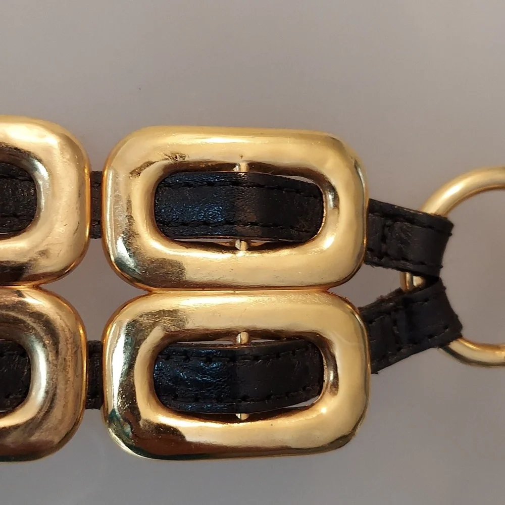 Vintage Late 1980s/Early 1990s Gold Chain & Woven Black Leather Double Link Belt - Picture 8 of 16